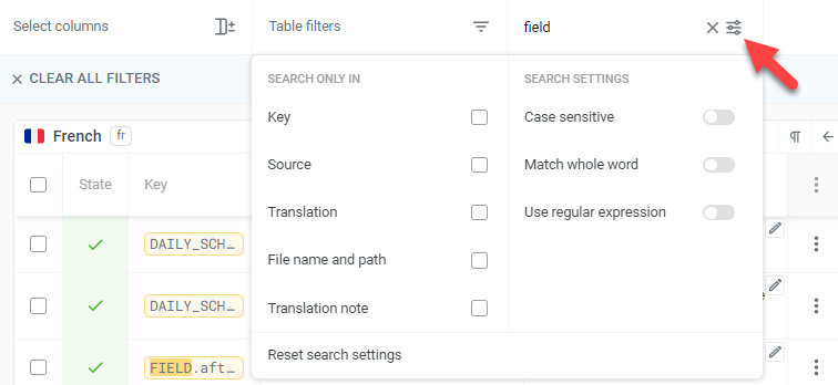 Localazy search options